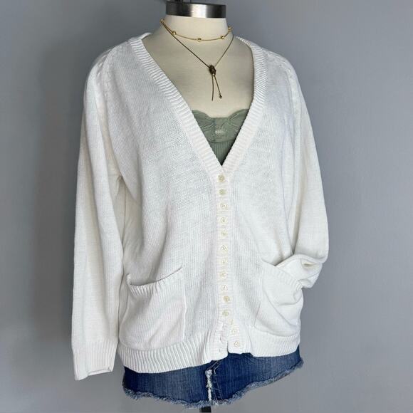 Vintage White Button Front Cardigan SweaterLarge Cottagecore Preppy Cotton - Picture 1 of 5